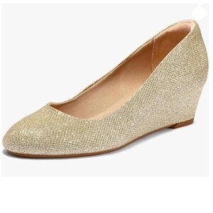 FSJ Gold Wedge Heels Pumps Closed Toe Solid Slip On Wedding Dress Shoes